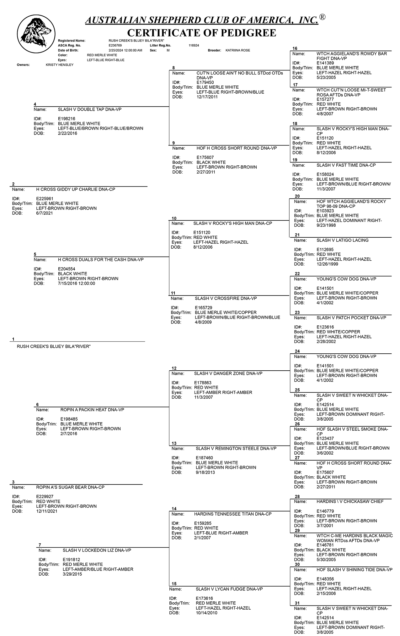 River ASCA pedigree